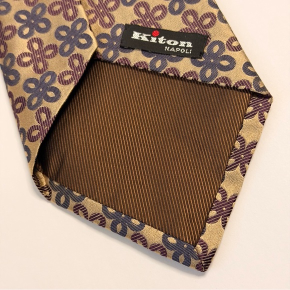 Kiton Napoli Neck Tie Gold, Blue & Purple Geo. Pattern Silk Necktie 3.75" x 58” - Picture 3 of 9